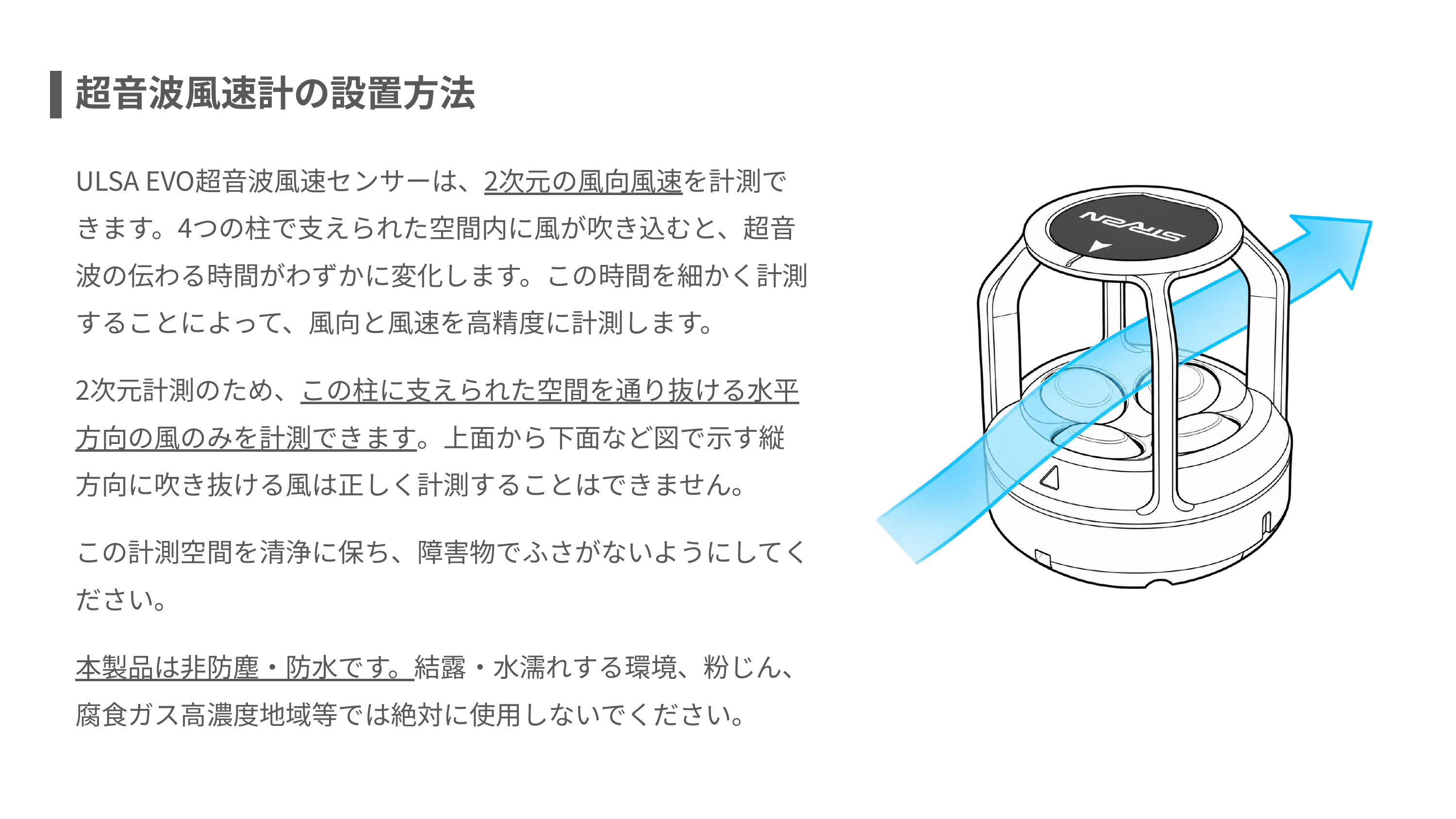 ULSA EVOが水平に通り抜ける2次元の風向風速を測定する仕組みと設置上の注意
